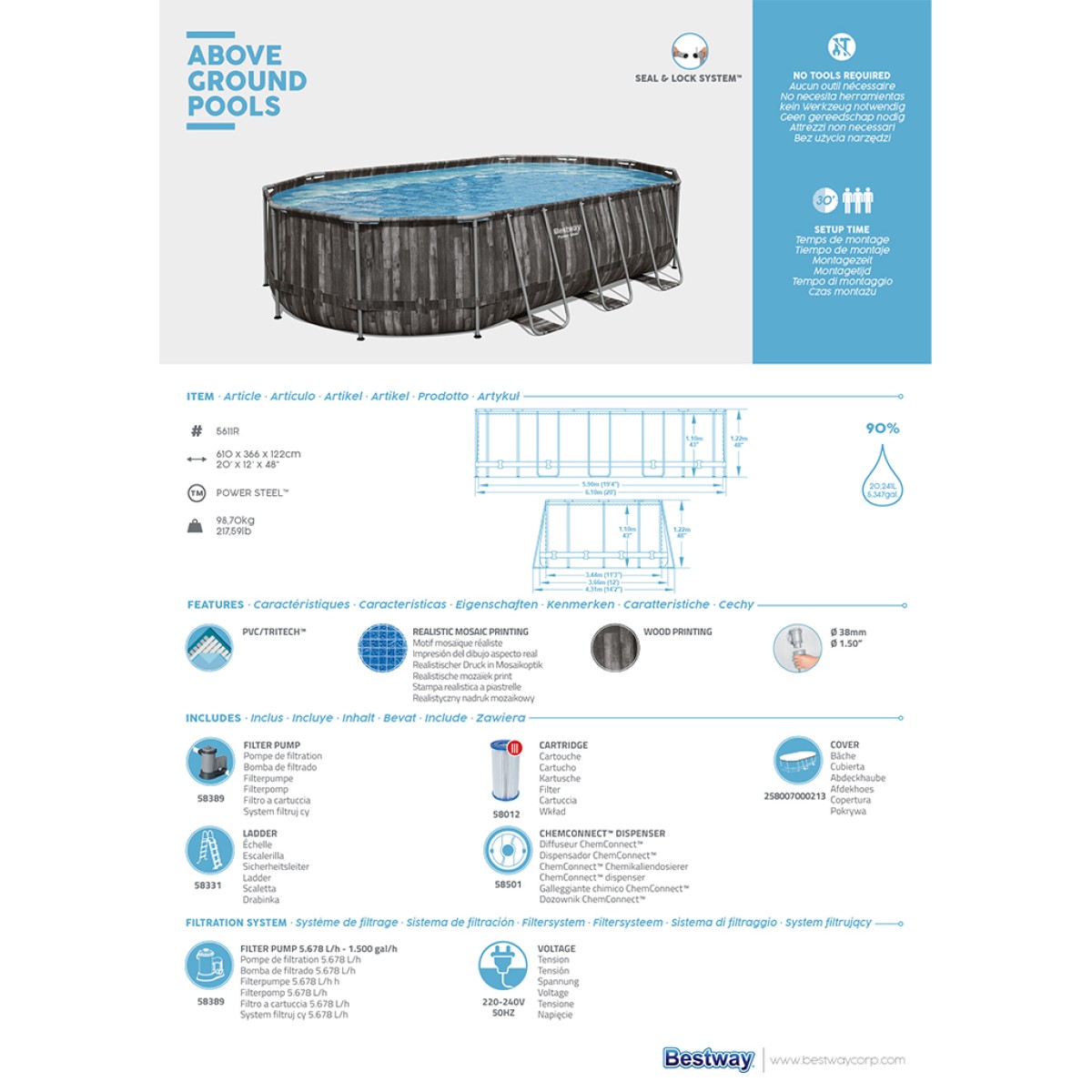 Πισίνα 5611R POWER STEEL OVAL POOL Bestway 610X366X122CM