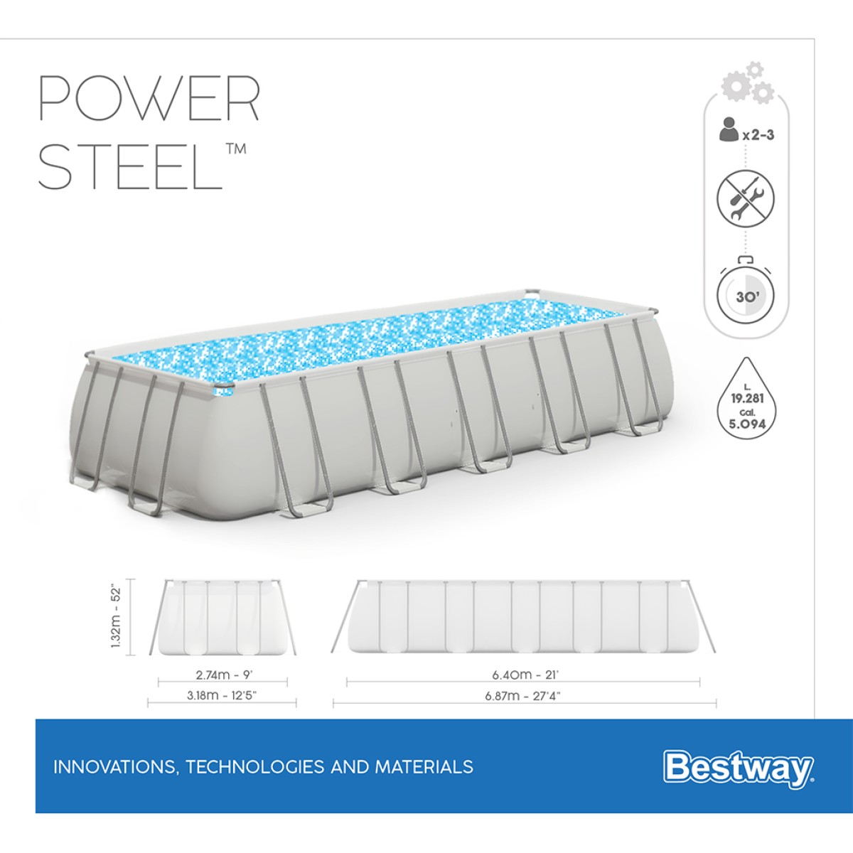 Πισίνα 5612B POWER STEEL RECT. FRAME POOL 640X274X132CM