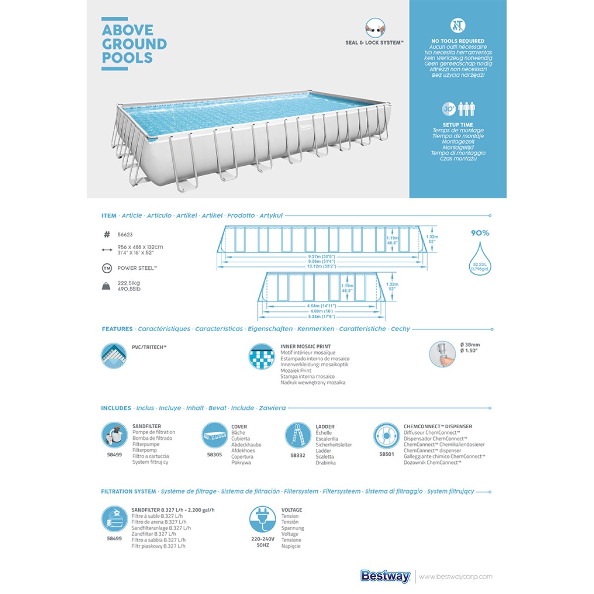 Πισίνα 56623 POWER STEEL POOL 956 Χ 488 Χ 132cm Bestway