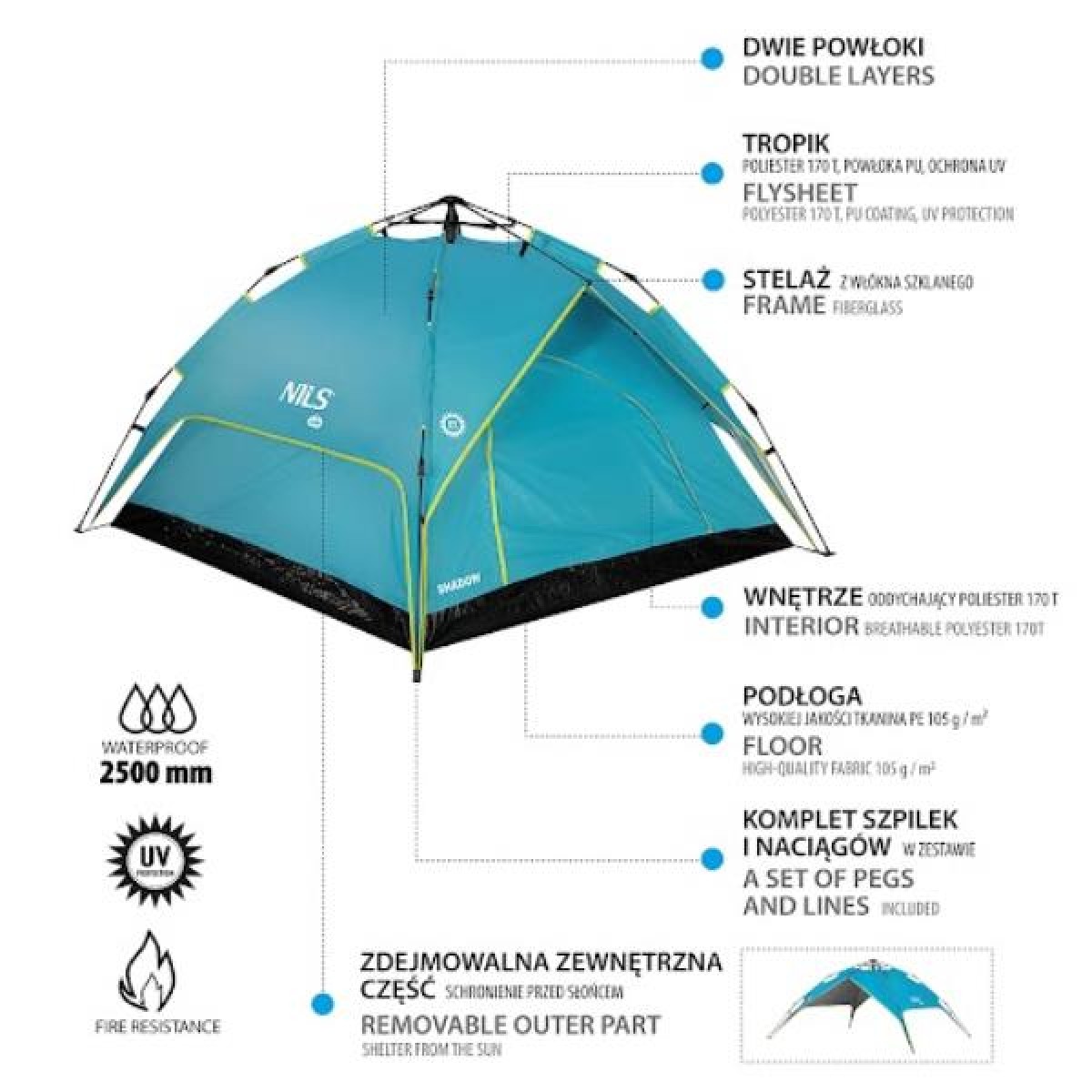 Σκηνή Camping 3 Ατόμων NC7819 Μπλε TENT SHADOW 15-04-028