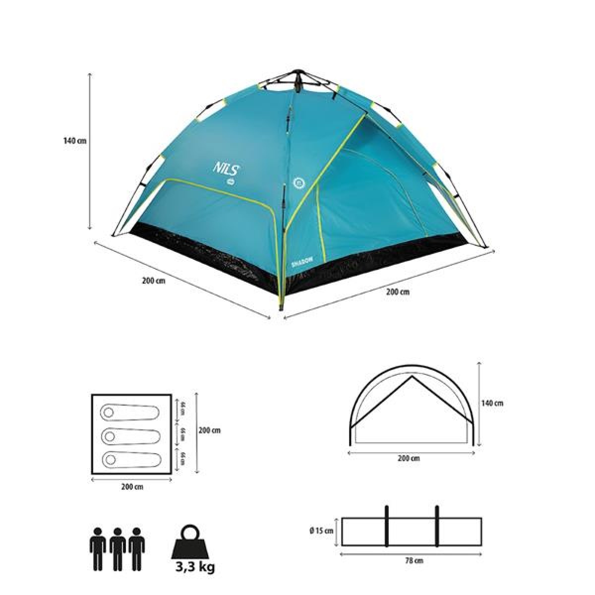 Σκηνή Camping 3 Ατόμων NC7819 Μπλε TENT SHADOW 15-04-028