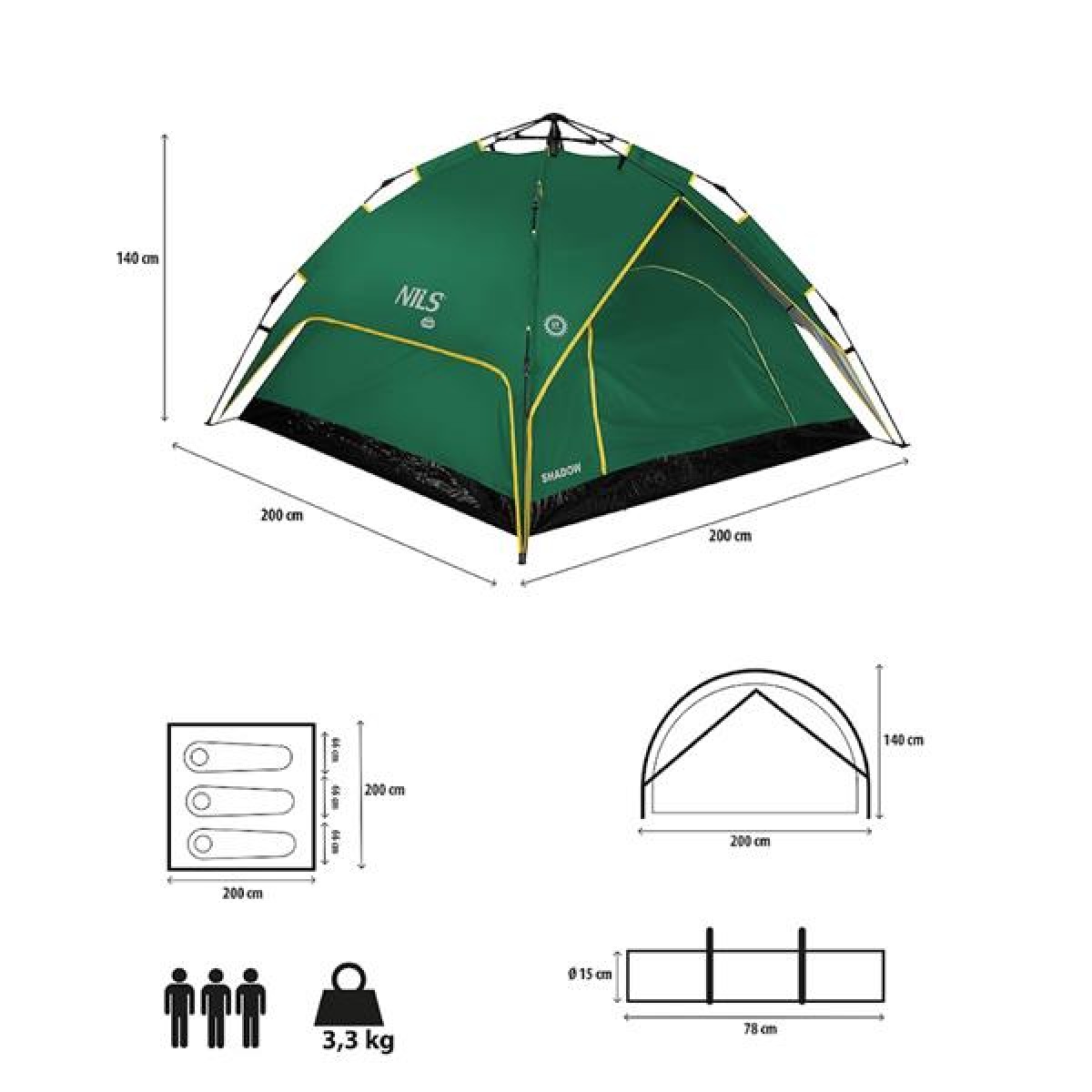 Σκηνή Camping 3 Ατόμων NC7819 Πράσινη TENT SHADOW Nils Camp 15-04-027