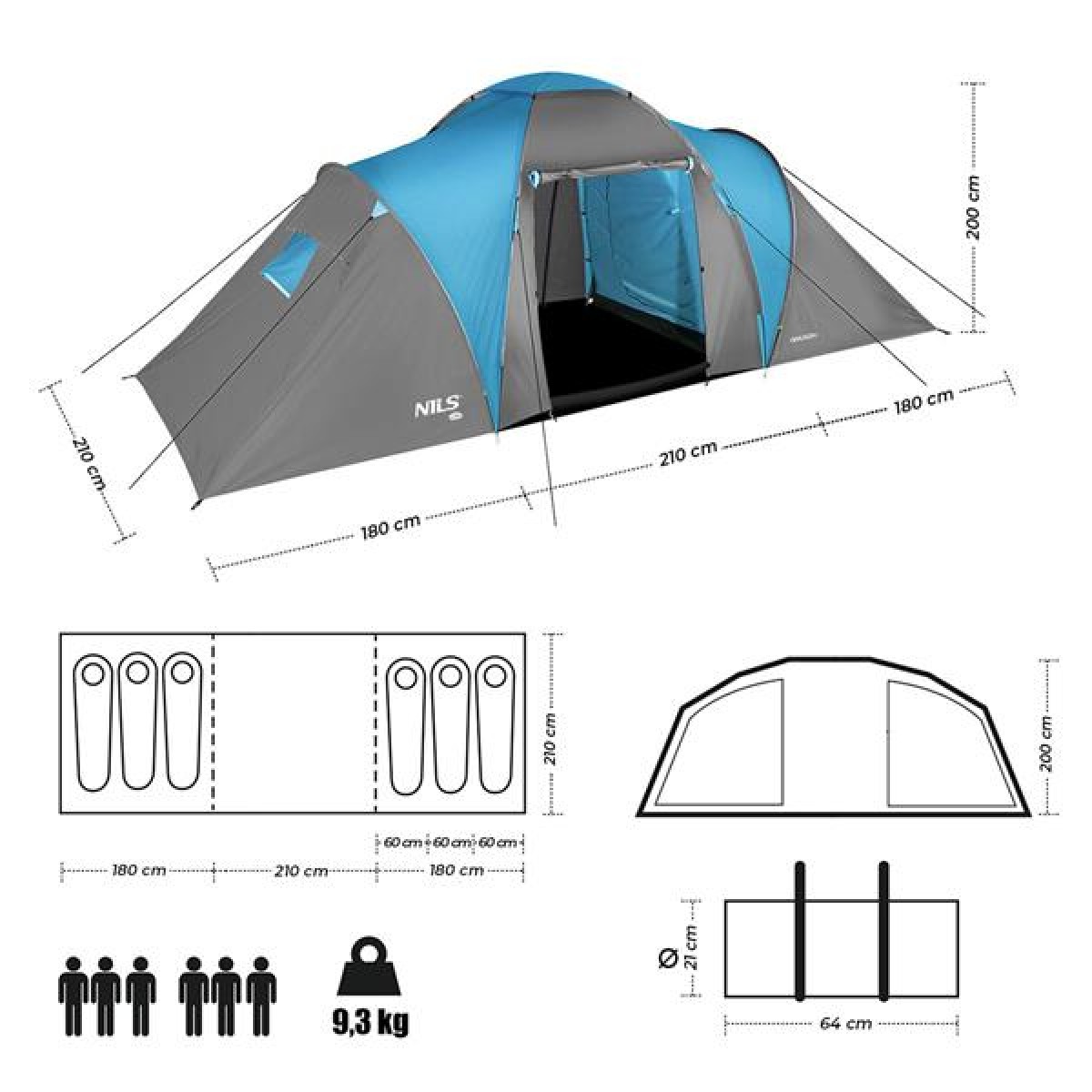 Σκηνή Camping NC6031 HIGHLAND NILS CAMP 6 Ατόμων Γκρι/Μπλε 15-04-038