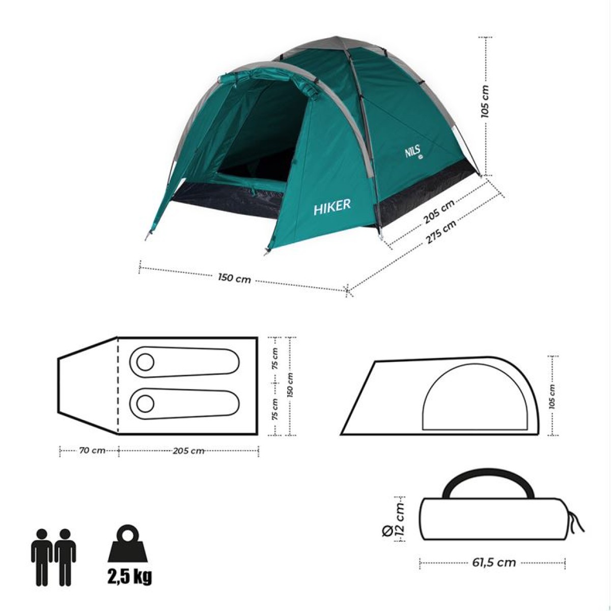Σκηνή Κάμπινγκ NC6010 HIKER 2 Ατόμων Πράσινη NILS CAMP