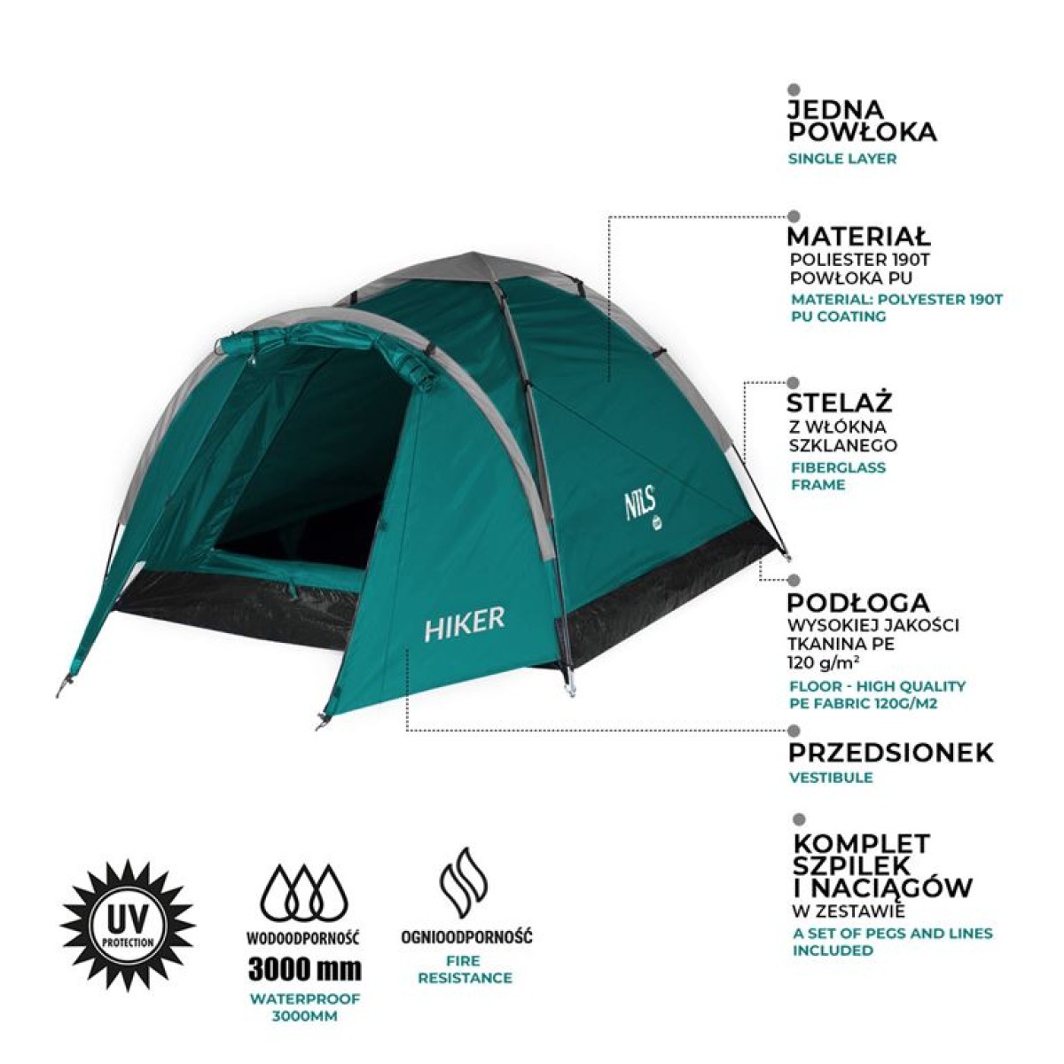 Σκηνή Κάμπινγκ NC6010 HIKER 2 Ατόμων Πράσινη NILS CAMP